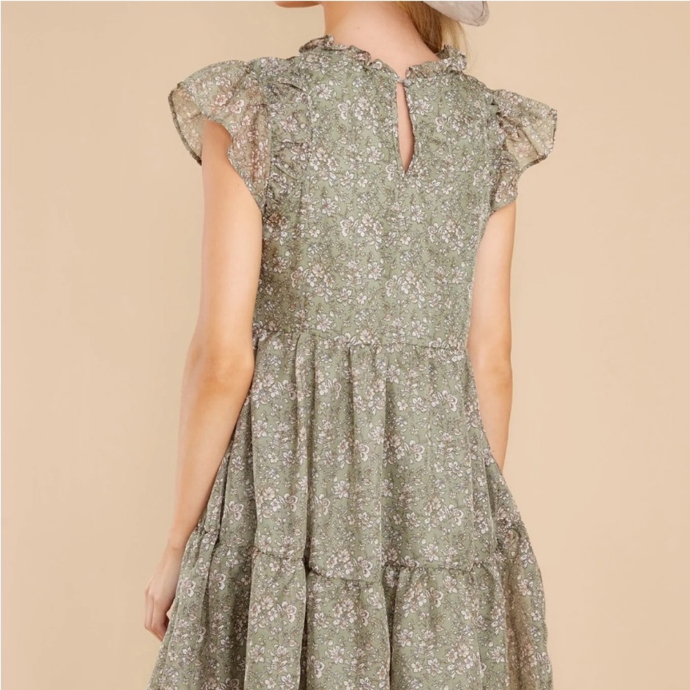 Anthropologie Olive Green Floral Tiered Mini Dress - Picture 2 of 9